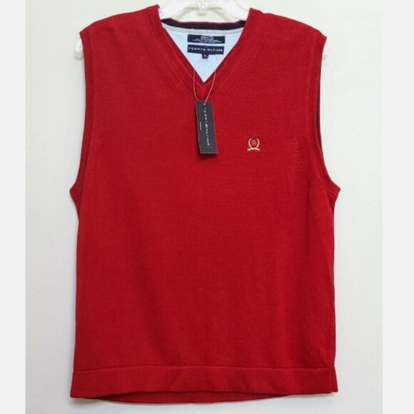 Tommy Hilfiger Red Sweater Vest Mens XL Crest V Neck Holiday Christmas - Picture 1 of 3